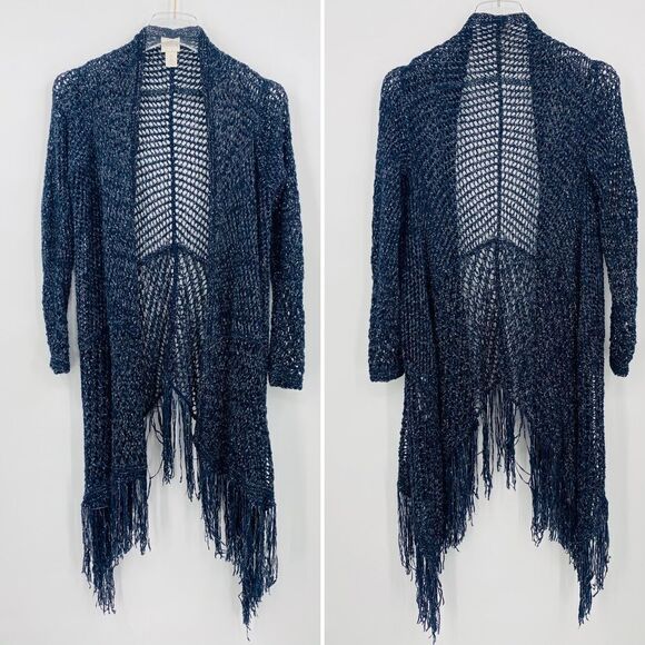 Chico's Sweaters - Chico's Size Small Navy Blue Metallic Knit Artisan Fringe Sloane Cardigan